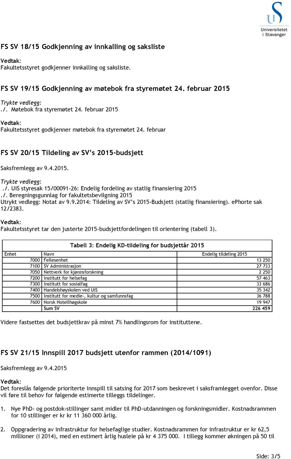 /. Beregningsgunnlag for fakultetsbevilgning 2015 Utrykt vedlegg: Notat av 9.9.2014: Tildeling av SV s 2015-Budsjett (statlig finansiering). ephorte sak 12/2383.