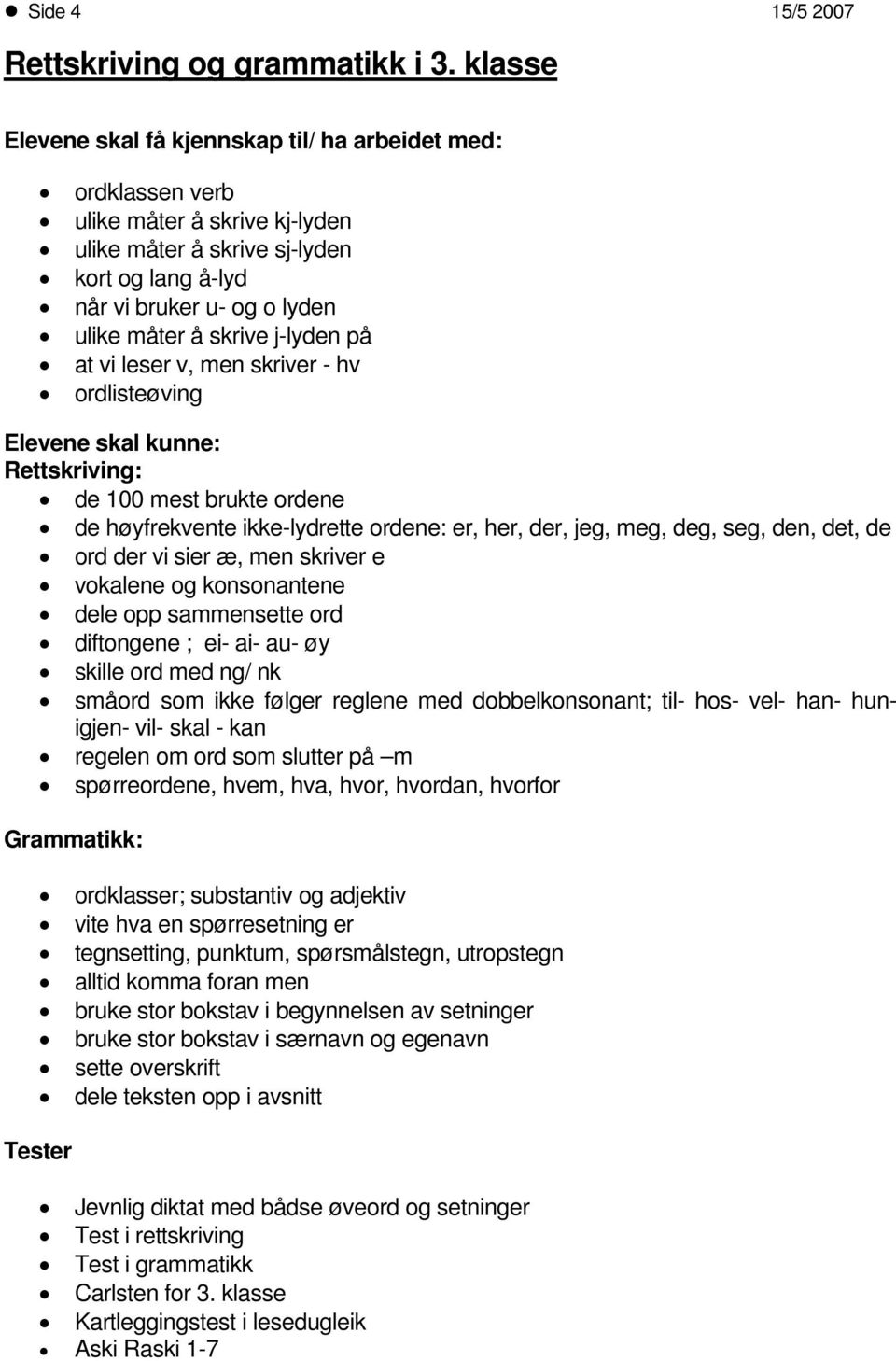 j-lyden på at vi leser v, men skriver - hv ordlisteøving Elevene skal kunne: Rettskriving: de 100 mest brukte ordene de høyfrekvente ikke-lydrette ordene: er, her, der, jeg, meg, deg, seg, den, det,