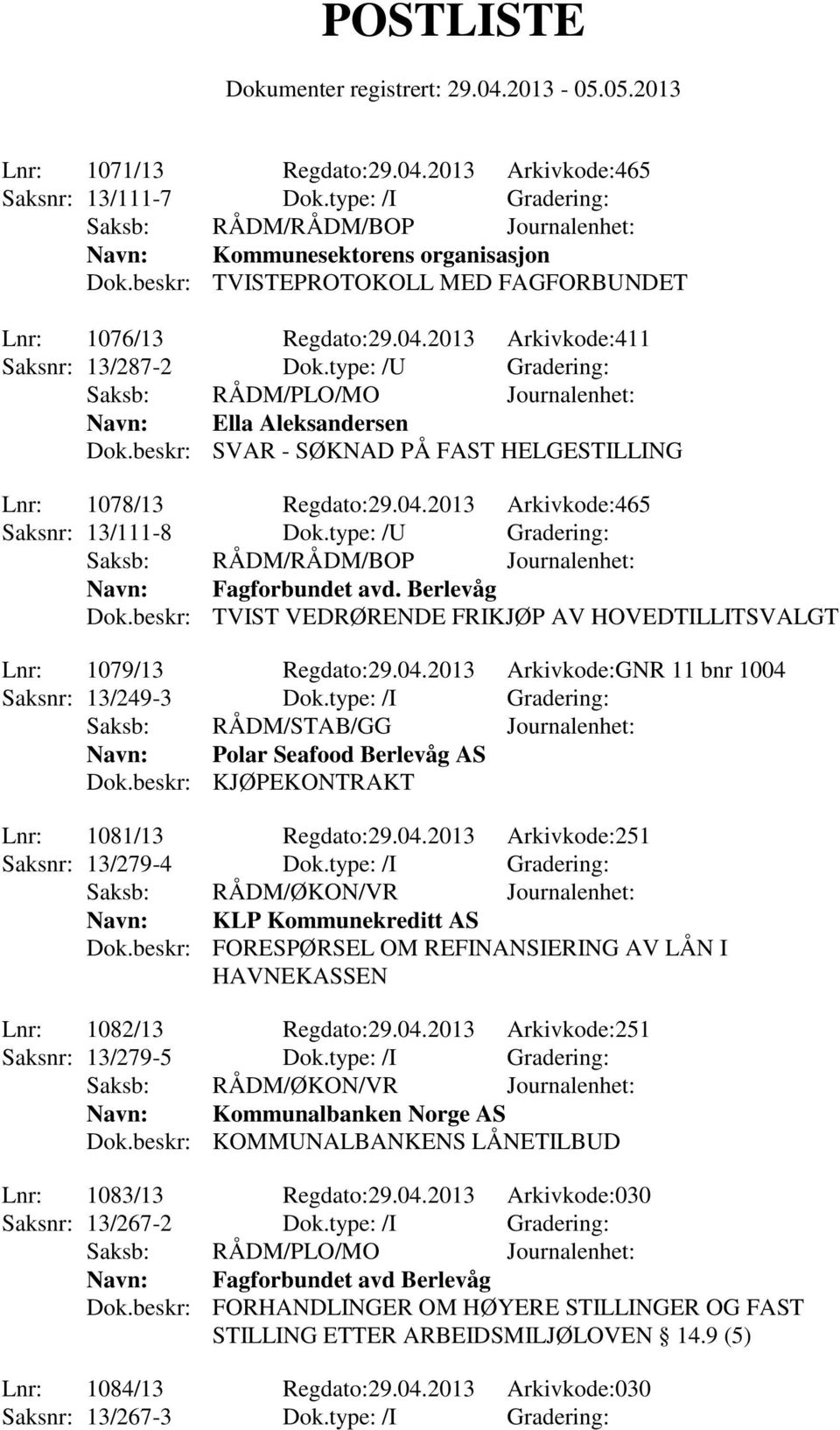 beskr: SVAR - SØKNAD PÅ FAST HELGESTILLING Lnr: 1078/13 Regdato:29.04.2013 Arkivkode:465 Saksnr: 13/111-8 Dok.type: /U Gradering: Saksb: RÅDM/RÅDM/BOP Journalenhet: Navn: Fagforbundet avd.