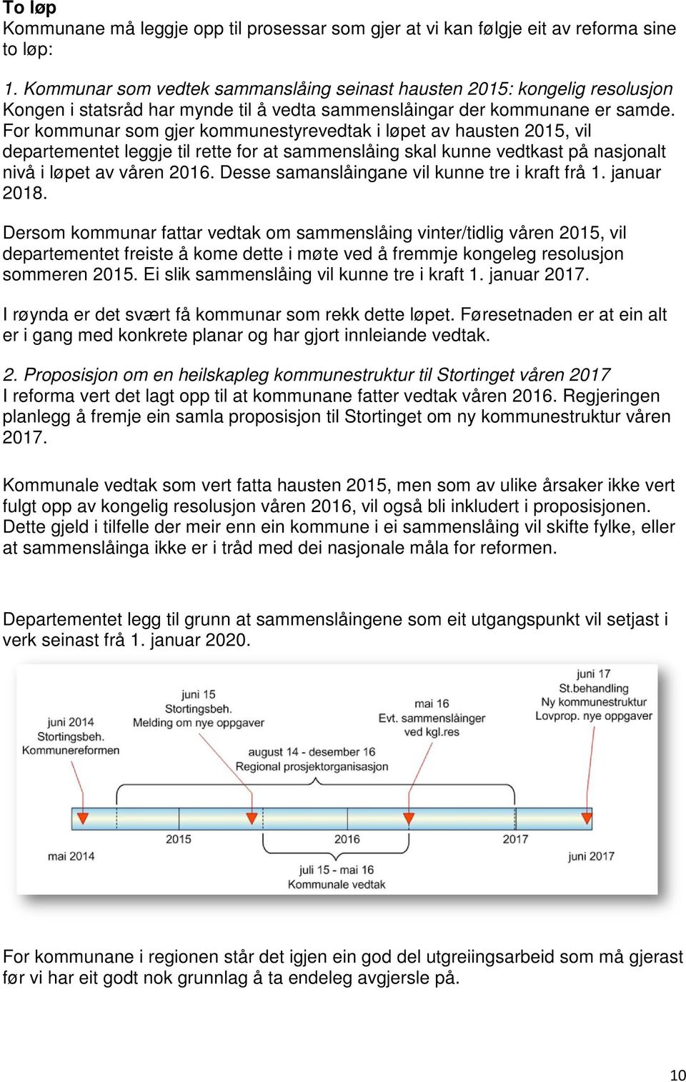 For kommunar som gjer kommunestyrevedtak i løpet av hausten 2015, vil departementet leggje til rette for at sammenslåing skal kunne vedtkast på nasjonalt nivå i løpet av våren 2016.