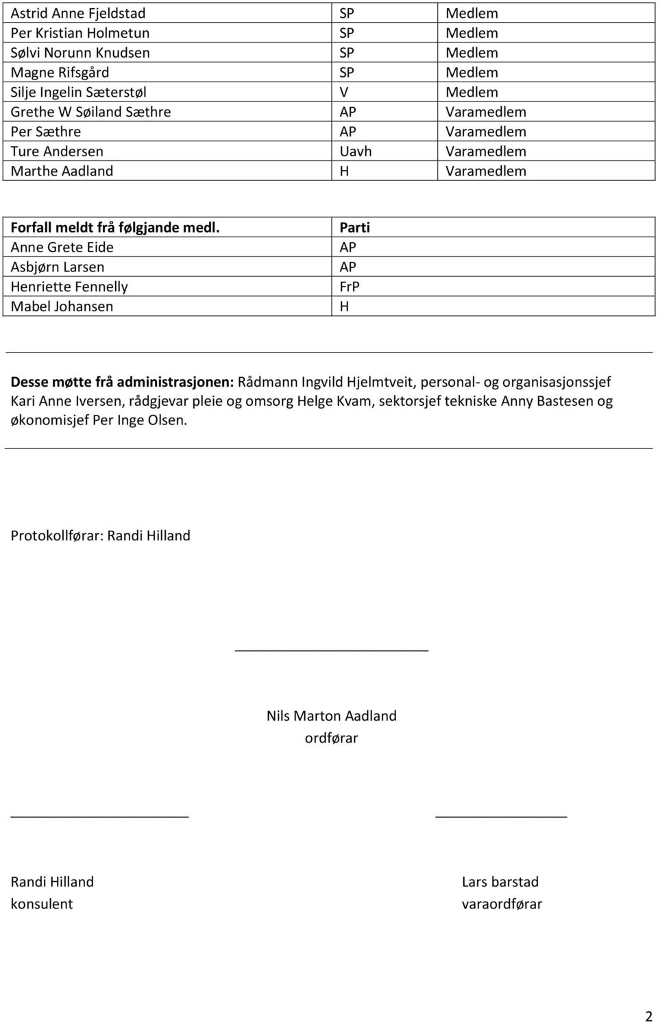 Anne Grete Eide Asbjørn Larsen Henriette Fennelly Mabel Johansen Parti AP AP FrP H Desse møtte frå administrasjonen: Rådmann Ingvild Hjelmtveit, personal- og organisasjonssjef