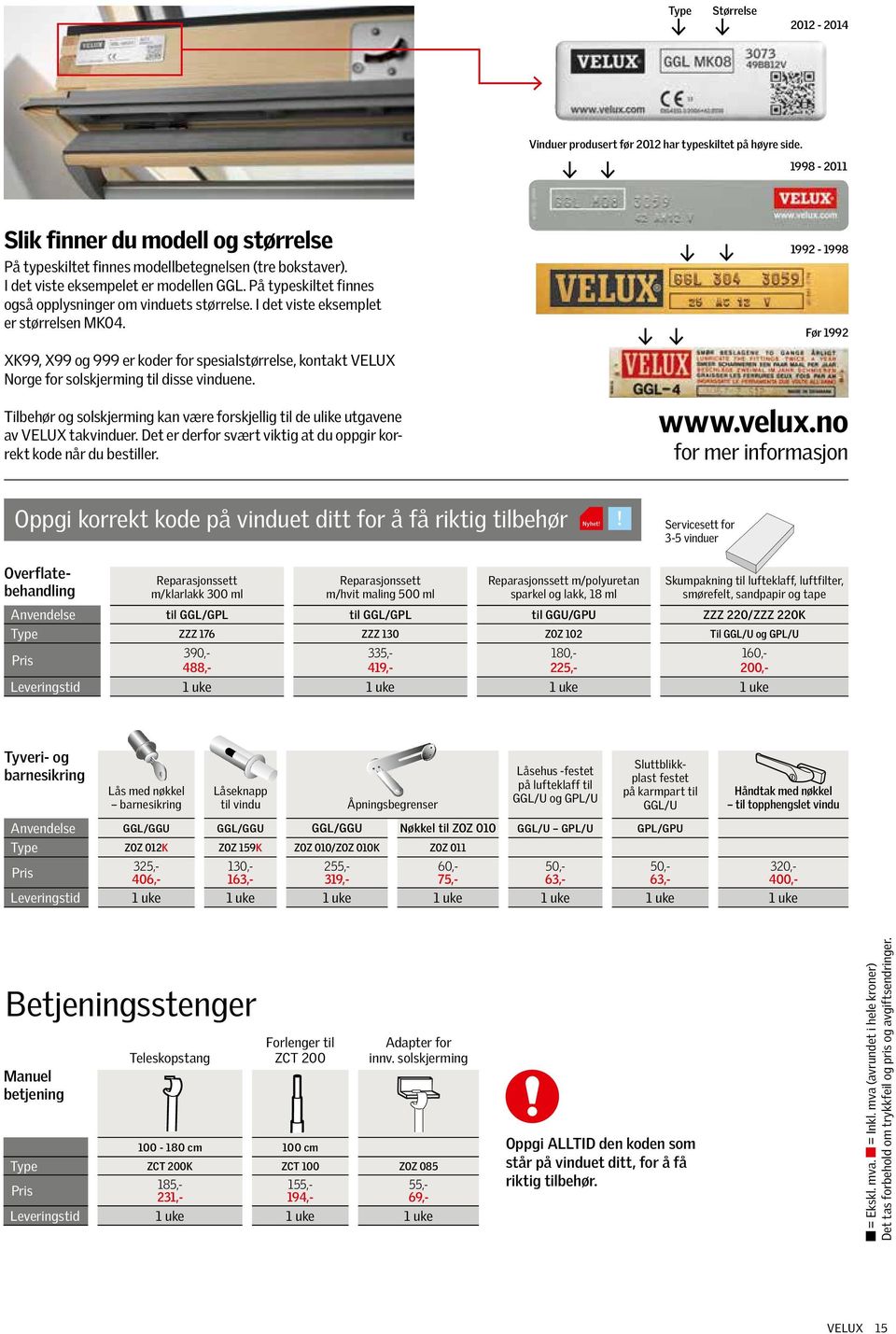 1992-1998 Før 1992 XK99, X99 og 999 er koder for spesialstørrelse, kontakt Norge for solskjerming til disse vinduene. Tilbehør og solskjerming kan være forskjellig til de ulike utgavene av takvinduer.