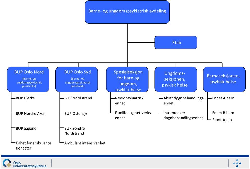 Ungdoms- seksjonen, Akutt døgnbehandlingsenhet Barneseksjonen, Enhet A barn BUP Nordre Aker BUP Østensjø Familie- og