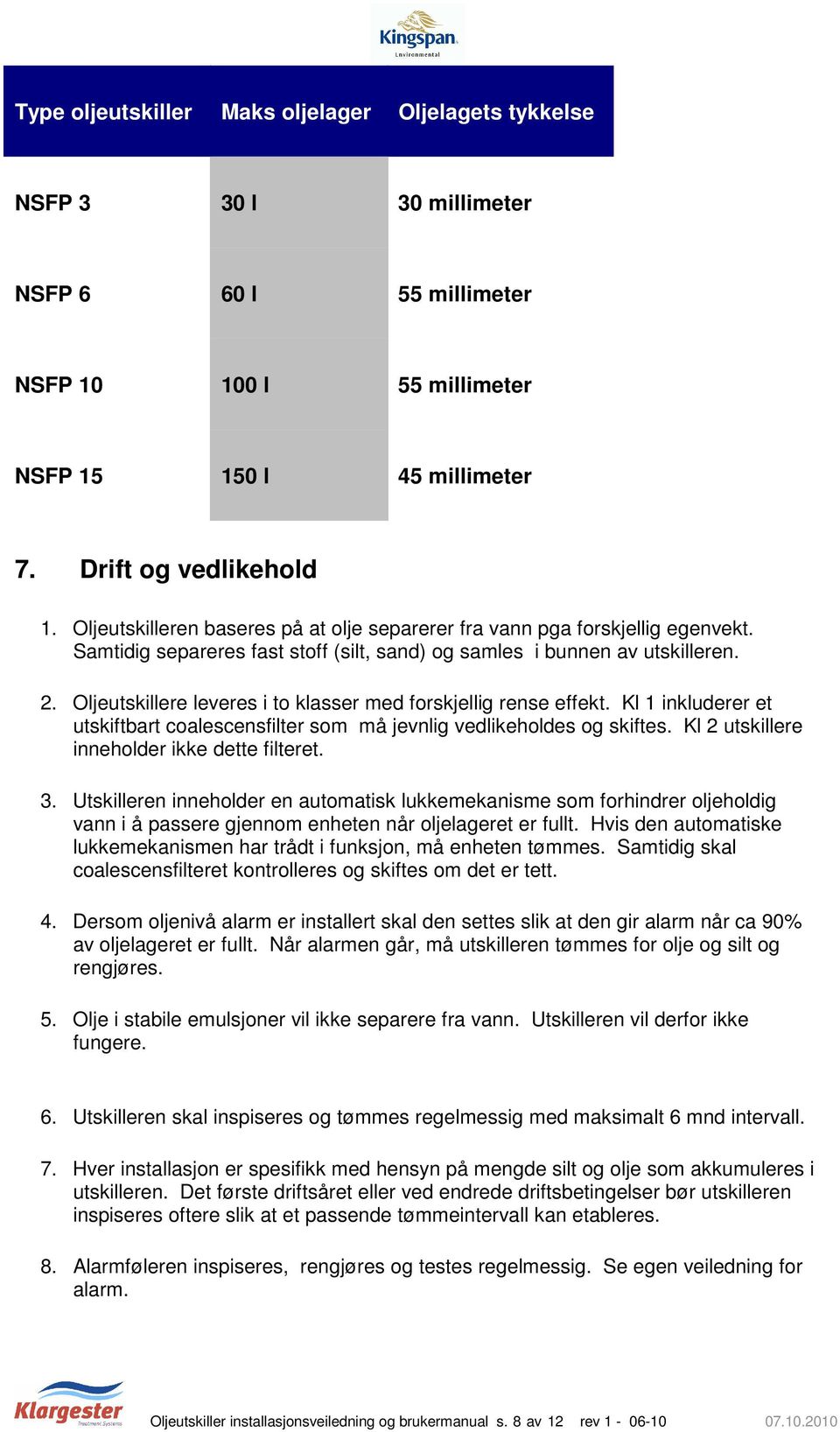 Oljeutskillere leveres i to klasser med forskjellig rense effekt. Kl 1 inkluderer et utskiftbart coalescensfilter som må jevnlig vedlikeholdes og skiftes.