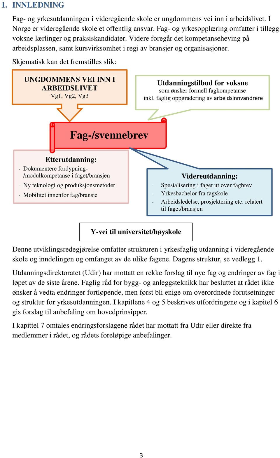 Skjematisk kan det fremstilles slik: UNGDOMMENS VEI INN I ARBEIDSLIVET Vg1, Vg2, Vg3 Utdanningstilbud for voksne som ønsker formell fagkompetanse inkl.