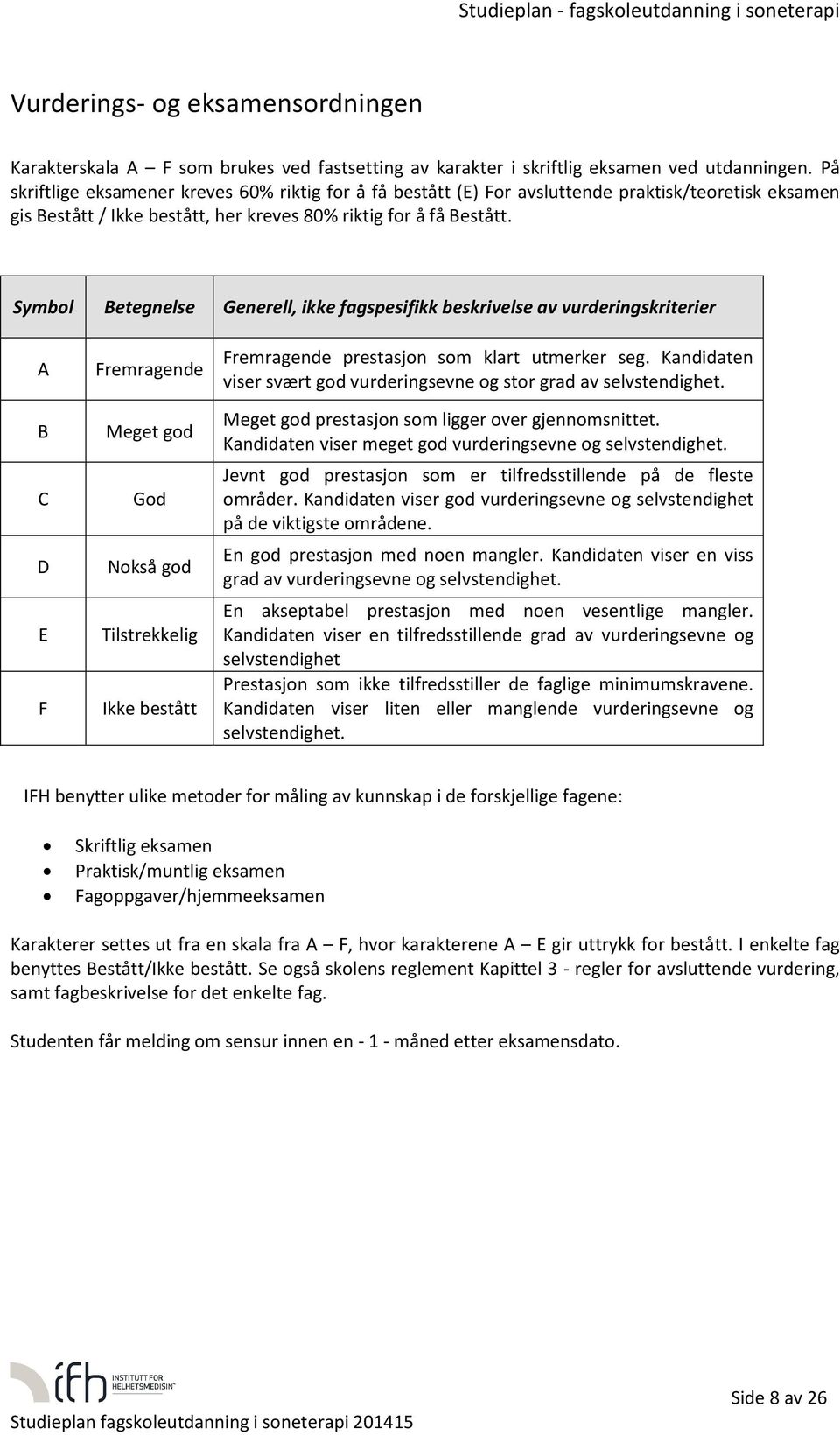 Symbl Betegnelse Generell, ikke fagspesifikk beskrivelse av vurderingskriterier A B C D E F Fremragende Meget gd Gd Nkså gd Tilstrekkelig Ikke bestått Fremragende prestasjn sm klart utmerker seg.