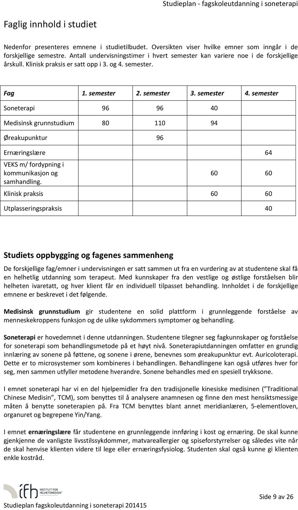 semester Sneterapi 96 96 40 Medisinsk grunnstudium 80 110 94 Øreakupunktur 96 Ernæringslære 64 VEKS m/ frdypning i kmmunikasjn g samhandling.