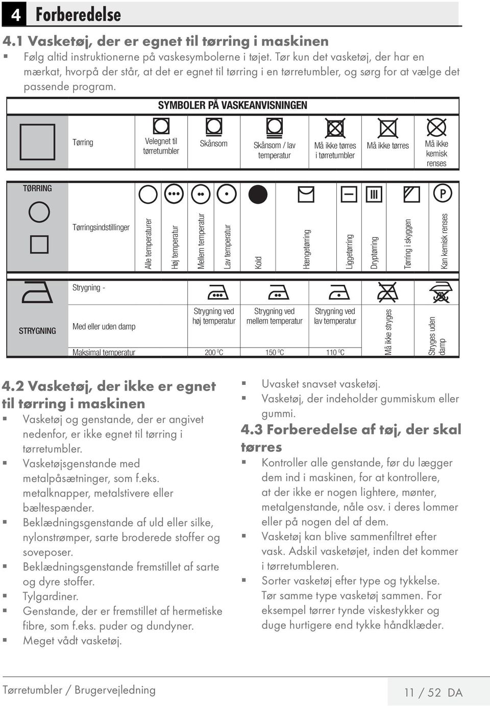 SYMBOLER PÅ VASKEANVISNINGEN Tørring Velegnet til tørretumbler Skånsom Skånsom / lav temperatur Må ikke tørres i tørretumbler Må ikke tørres Må ikke kemisk renses TØRRING Tørringsindstillinger Alle