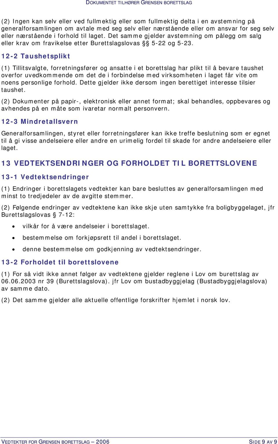 12-2 Taushetsplikt (1) Tillitsvalgte, forretningsfører og ansatte i et borettslag har plikt til å bevare taushet overfor uvedkommende om det de i forbindelse med virksomheten i laget får vite om