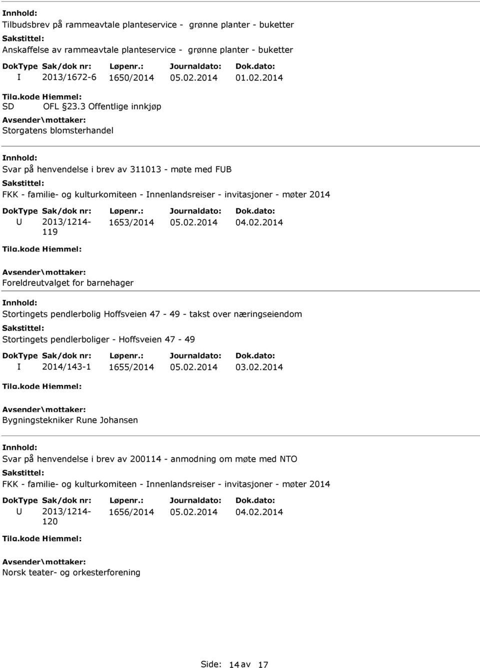 2014 Svar på henvendelse i brev av 311013 - møte med FB FKK - familie- og kulturkomiteen - nnenlandsreiser - invitasjoner - møter 2014 119 1653/2014 Foreldreutvalget for barnehager