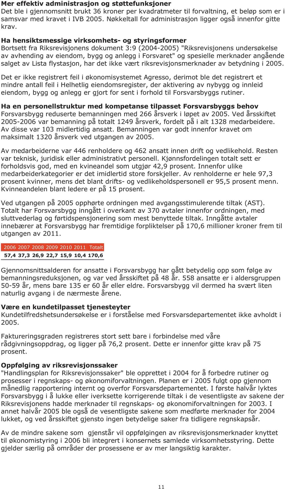 Ha hensiktsmessige virksomhets- og styringsformer Bortsett fra Riksrevisjonens dokument 3:9 (2004-2005) "Riksrevisjonens undersøkelse av avhending av eiendom, bygg og anlegg i Forsvaret" og spesielle