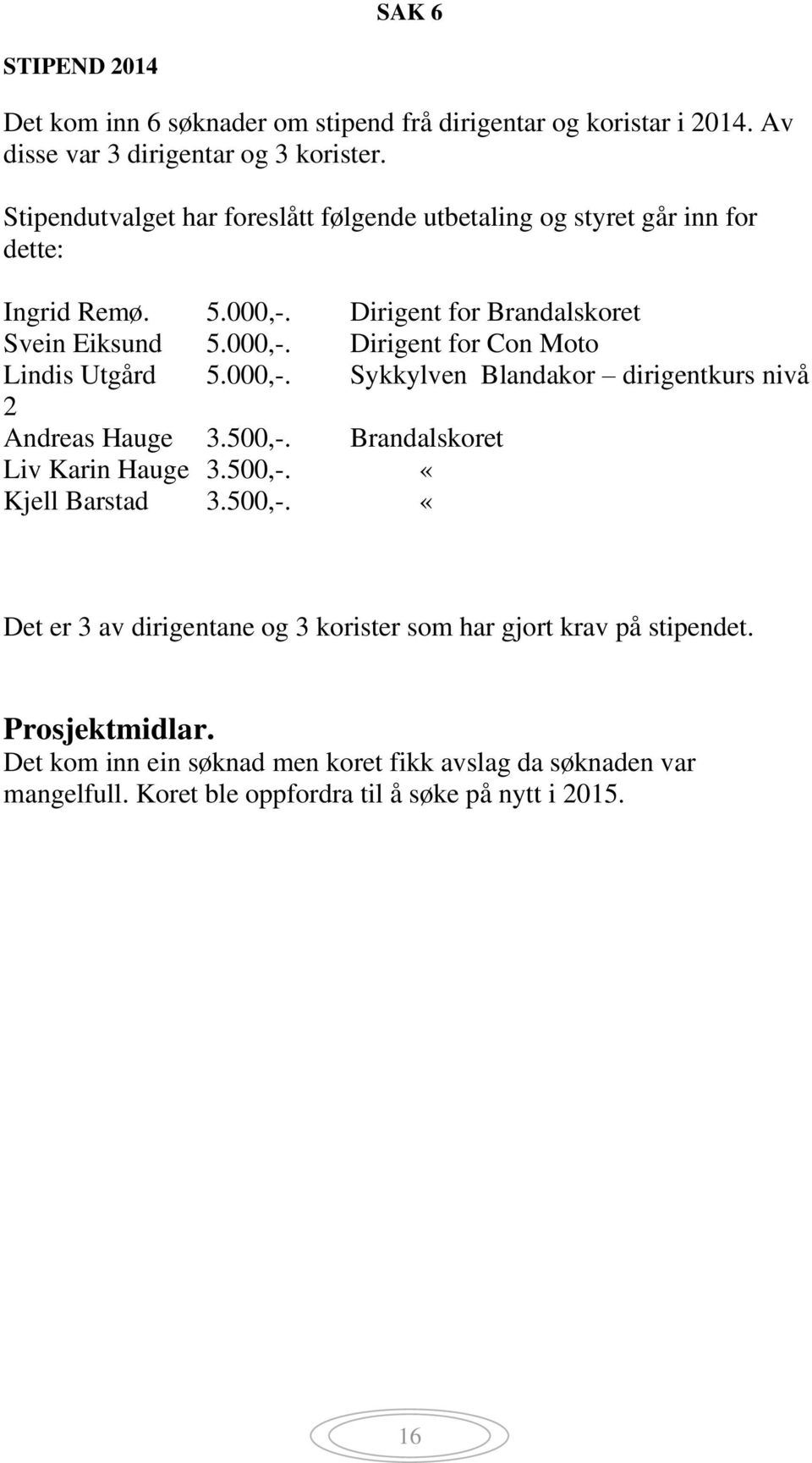 000,-. Sykkylven Blandakor dirigentkurs nivå 2 Andreas Hauge 3.500,-. Brandalskoret Liv Karin Hauge 3.500,-. «Kjell Barstad 3.500,-. «Det er 3 av dirigentane og 3 korister som har gjort krav på stipendet.