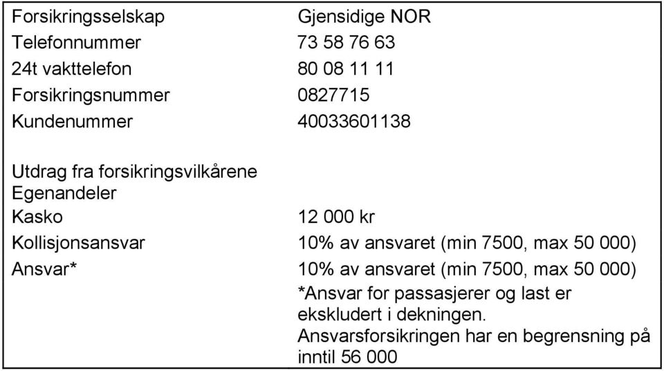 000 kr Kollisjonsansvar 10% av ansvaret (min 7500, max 50 000) Ansvar* 10% av ansvaret (min 7500, max