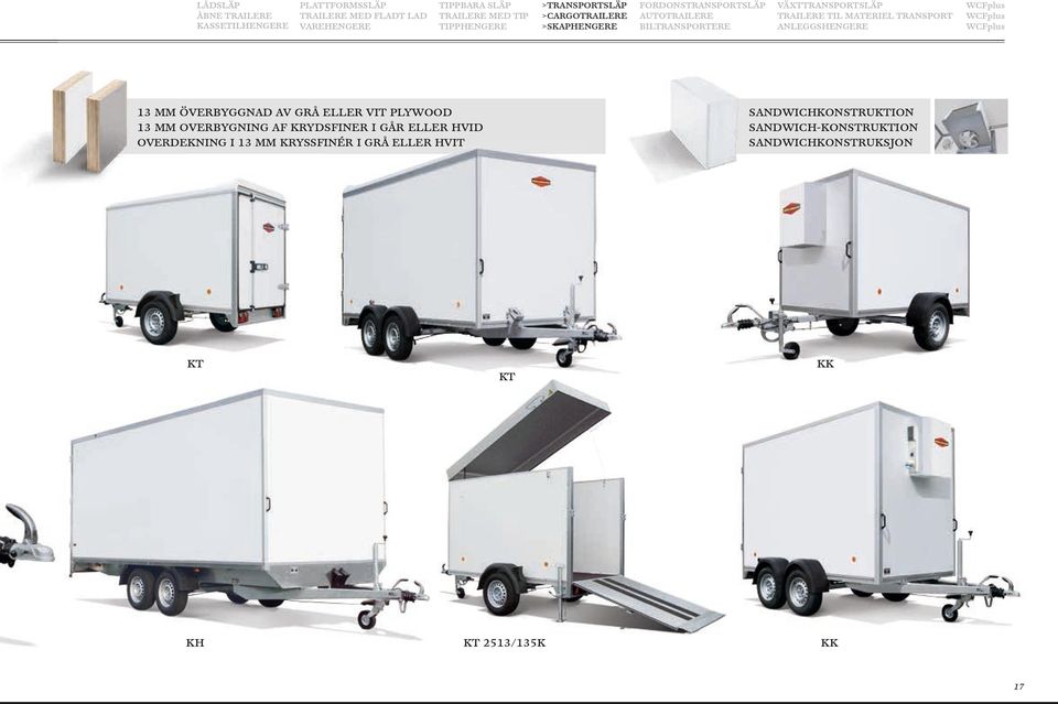 MATERIEL TRANSPORT ANLEGGSHENGERE 13 MM ÖVERBYGGNAD AV GRÅ ELLER VIT PLYWOOD 13 MM OVERBYGNING AF KRYDSFINER I GÅR ELLER HVID