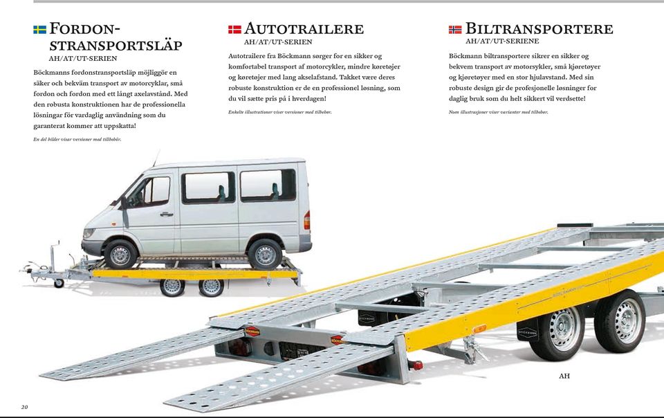 Autotrailere AH/AT/UT-SERIEN Autotrailere fra Böckmann sørger for en sikker og komfortabel transport af motorcykler, mindre køretøjer og køretøjer med lang akselafstand.