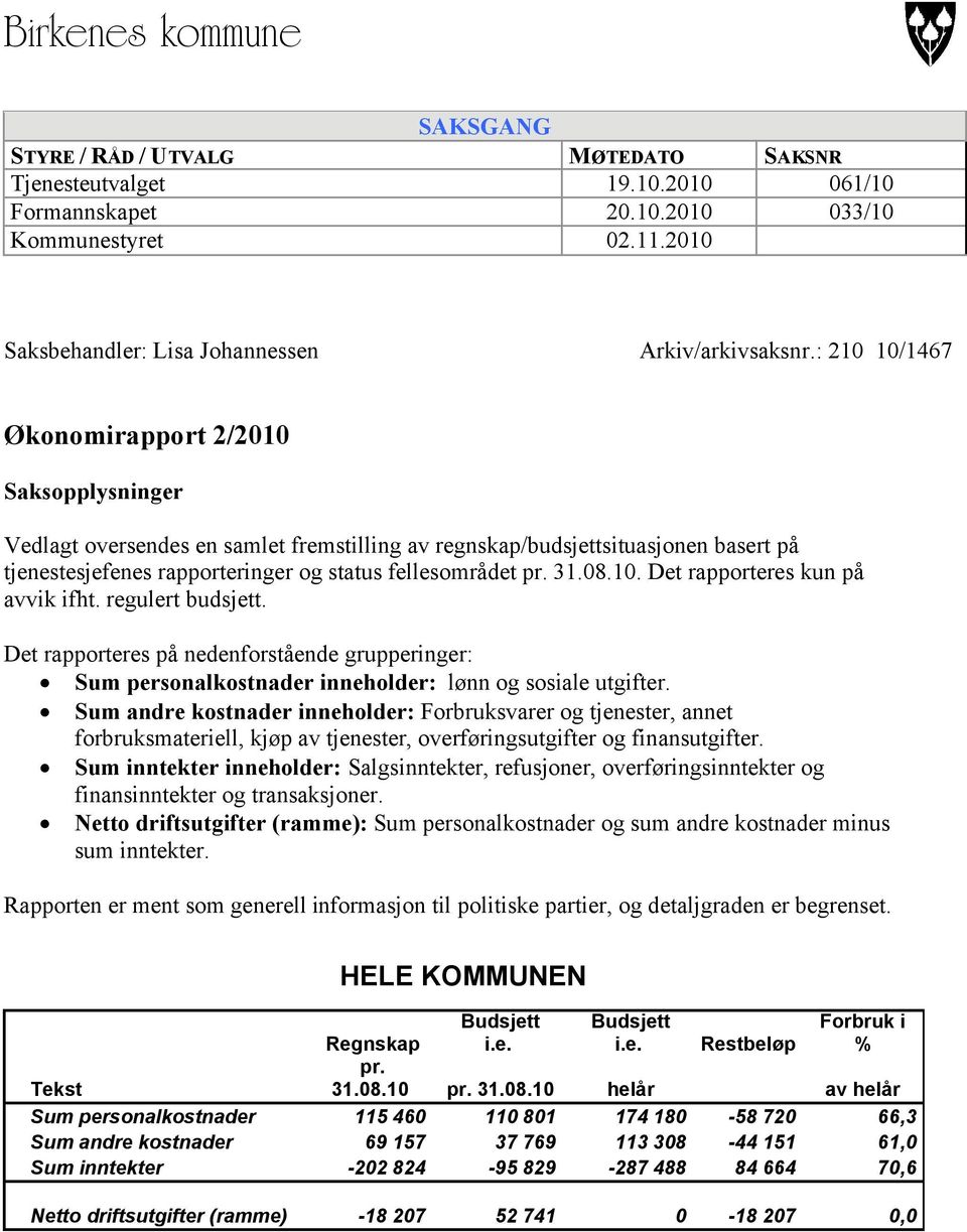 : 210 10/1467 Økonomirapport 2/2010 Saksopplysninger Vedlagt oversendes en samlet fremstilling av regnskap/budsjettsituasjonen basert på tjenestesjefenes rapporteringer og status fellesområdet pr. 31.