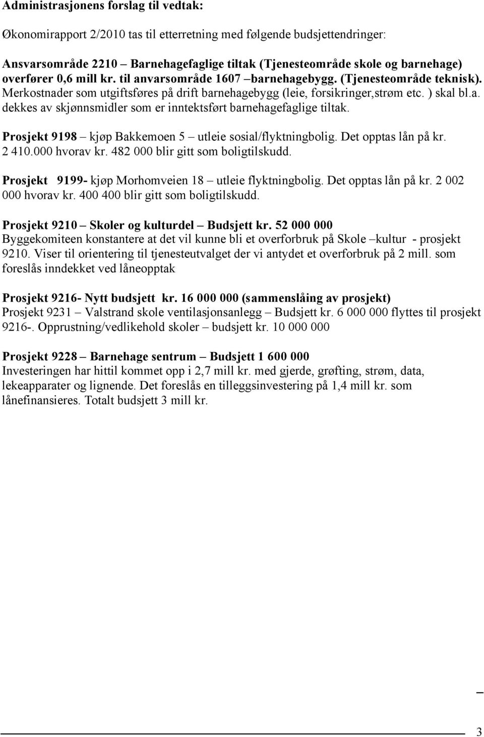 Prosjekt 9198 kjøp Bakkemoen 5 utleie sosial/flyktningbolig. Det opptas lån på kr. 2 410.000 hvorav kr. 482 000 blir gitt som boligtilskudd. Prosjekt 9199- kjøp Morhomveien 18 utleie flyktningbolig.