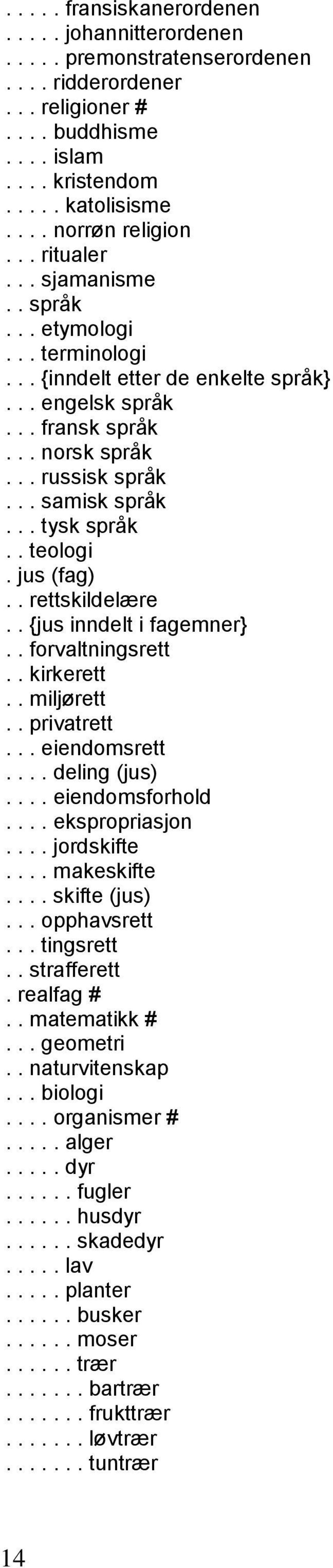 jus (fag).. rettskildelære.. {jus inndelt i fagemner}.. forvaltningsrett.. kirkerett.. miljørett.. privatrett... eiendomsrett.... deling (jus).... eiendomsforhold.... ekspropriasjon.... jordskifte.