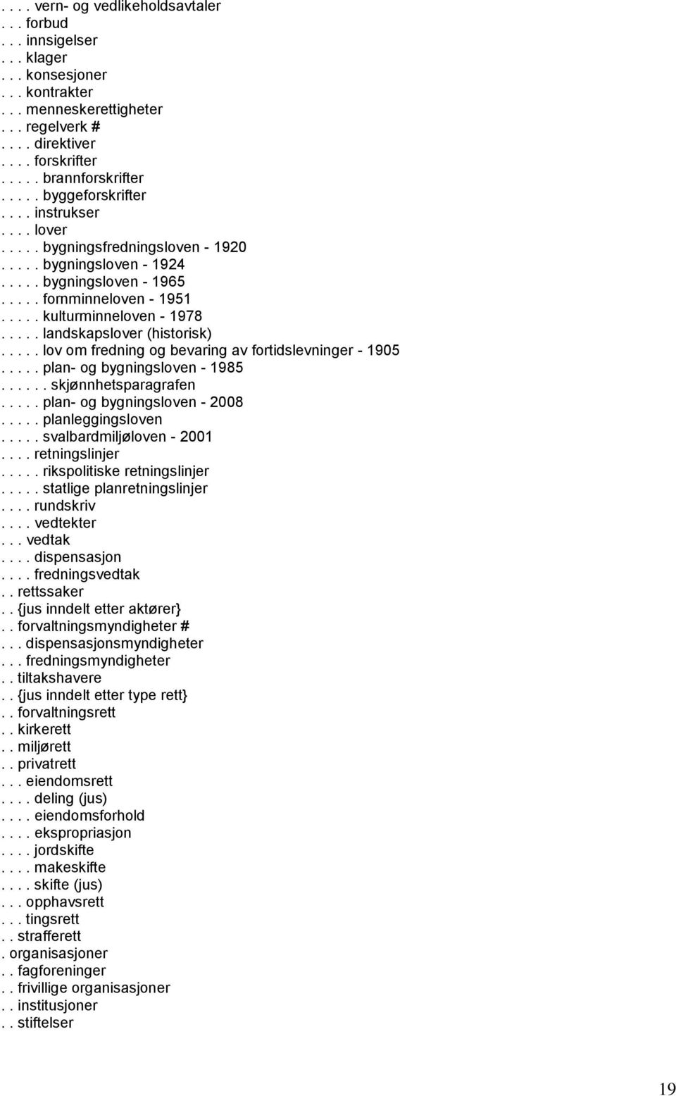 .... landskapslover (historisk)..... lov om fredning og bevaring av fortidslevninger - 1905..... plan- og bygningsloven - 1985...... skjønnhetsparagrafen..... plan- og bygningsloven - 2008.