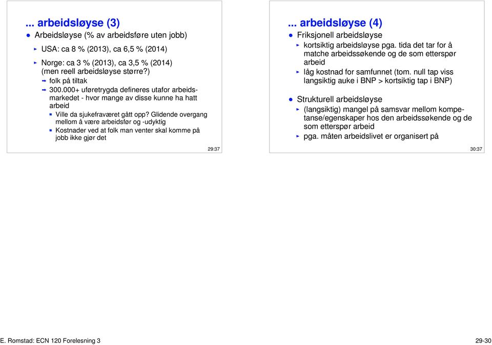 Glidende overgang mellom å være arbeidsfør og -udyktig Kostnader ved at folk man venter skal komme på jobb ikke gjør det 29:37... arbeidsløyse (4) Friksjonell arbeidsløyse kortsiktig arbeidsløyse pga.