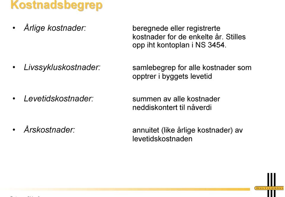 Livssykluskostnader: samlebegrep for alle kostnader som opptrer i byggets levetid