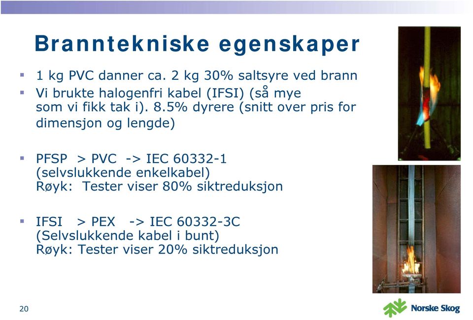 5% dyrere (snitt over pris for dimensjon og lengde) PFSP > PVC -> IEC 60332-1 (selvslukkende