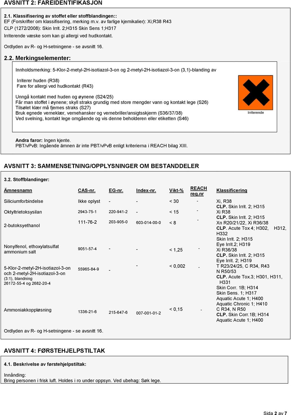 2metyl2Hisotiazol3on (3,1)blanding av Irriterer huden (R38) Fare for allergi ved hudkontakt (R43) Unngå kontakt med huden og øynene (S24/25) Får man stoffet i øynene; skyll straks grundig med store