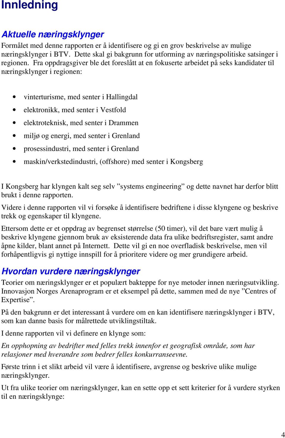 Fra oppdragsgiver ble det foreslått at en fokuserte arbeidet på seks kandidater til næringsklynger i regionen: vinterturisme, med senter i Hallingdal elektronikk, med senter i Vestfold