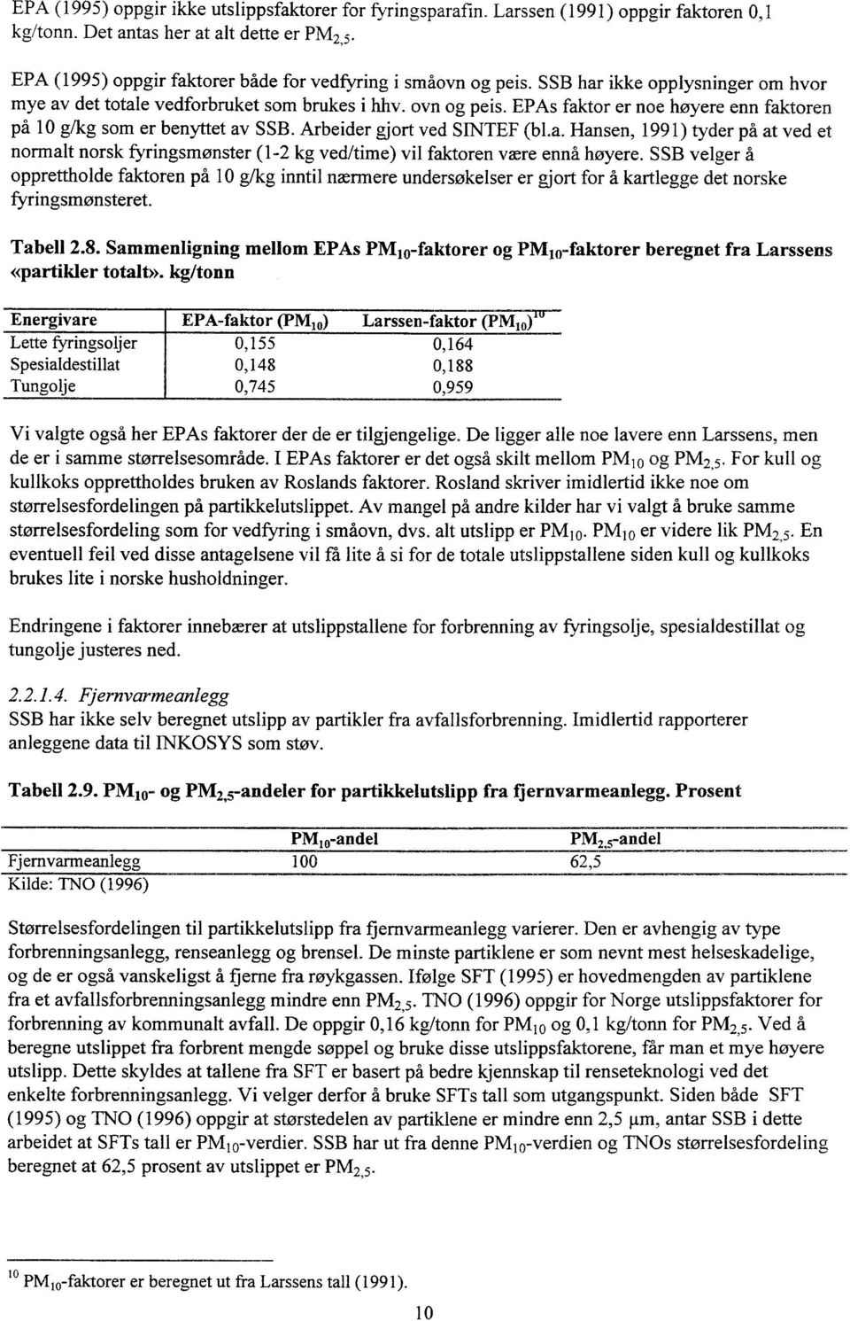 EPAs faktor er noe høyere enn faktoren på 10 g/kg som er benyttet av SSB. Arbeider gjort ved STNTEF (bl.a. Hansen, 1991) tyder på at ved et normalt norsk fyringsmønster (1- kg ved/time) vil faktoren være ennå høyere.