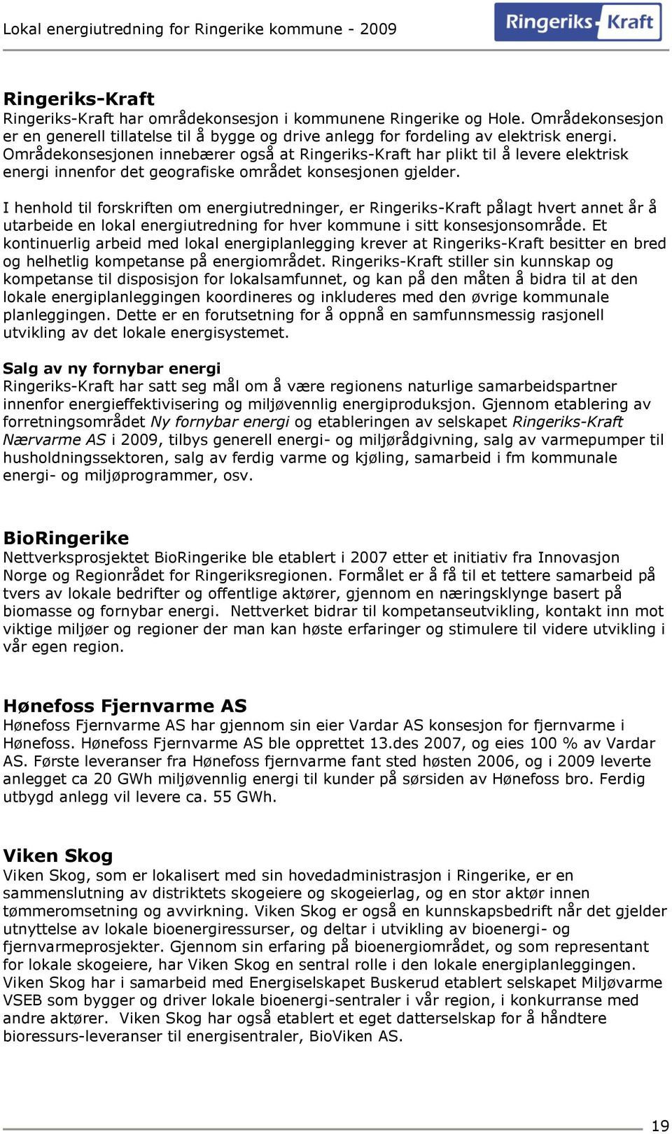 I henhold til forskriften om energiutredninger, er Ringeriks-Kraft pålagt hvert annet år å utarbeide en lokal energiutredning for hver kommune i sitt konsesjonsområde.