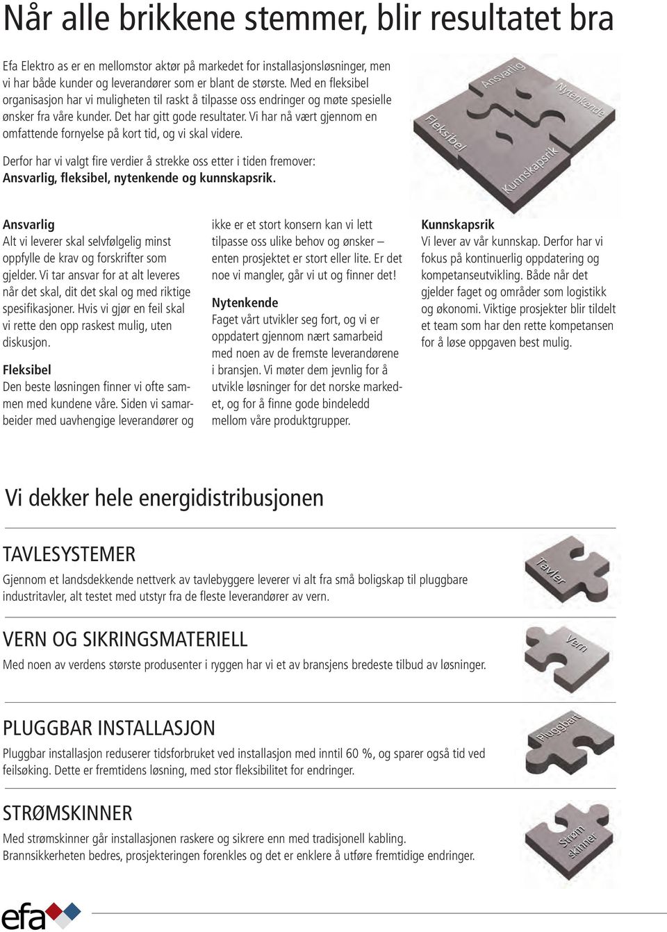 Vi har nå vært gjennom en omfattende fornyelse på kort tid, og vi skal videre. Derfor har vi valgt fire verdier å strekke oss etter i tiden fremover: Ansvarlig, fleksibel, nytenkende og kunnskapsrik.