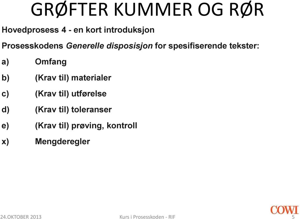 Omfang b) (Krav til) materialer c) (Krav til) utførelse d)