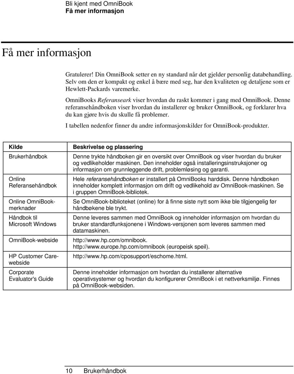 Denne referansehåndboken viser hvordan du installerer og bruker OmniBook, og forklarer hva du kan gjøre hvis du skulle få problemer.