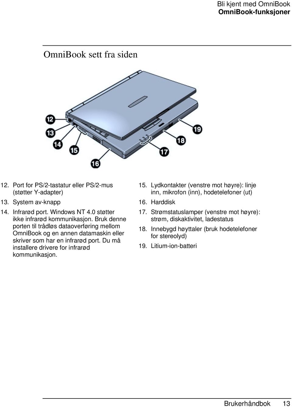 Bruk denne porten til trådløs dataoverføring mellom OmniBook og en annen datamaskin eller skriver som har en infrarød port.