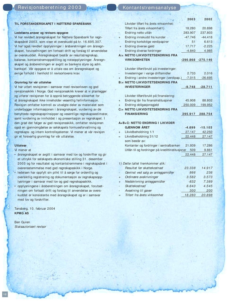 Årsregnskapet består av resultatregnskap, balanse, kontantstrømoppstilling og noteopplysninger. Årsregnskapet og årsberetningen er avgitt av bankens styre og adm. banksjef.