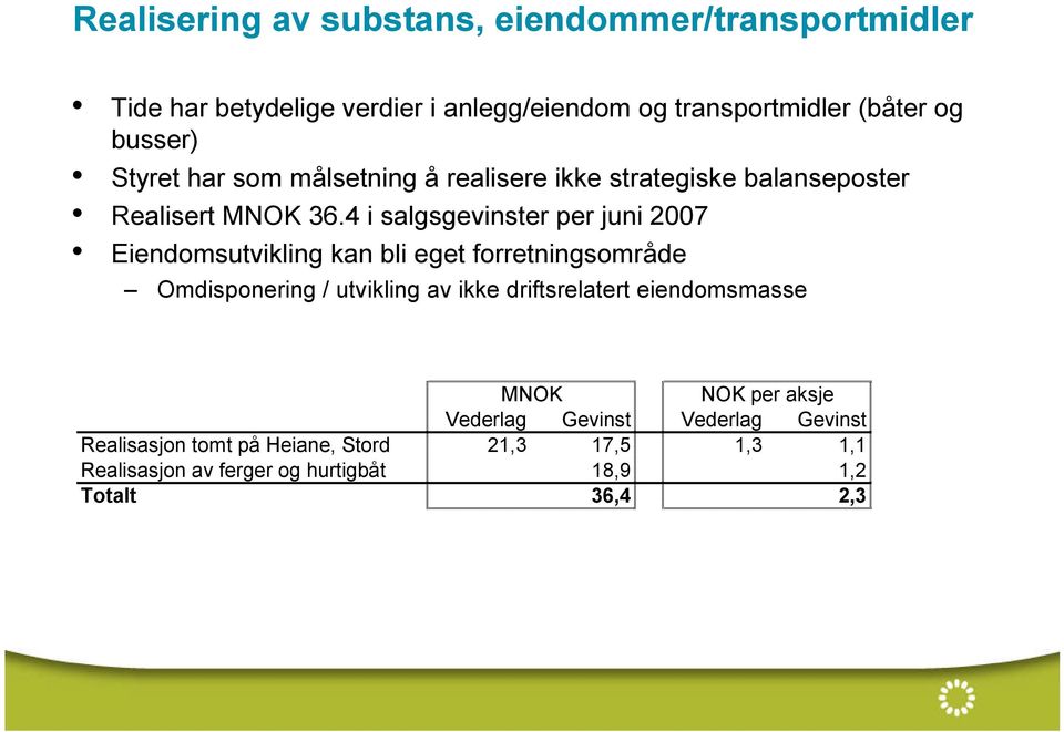 4 i salgsgevinster per juni 2007 Eiendomsutvikling kan bli eget forretningsområde Omdisponering / utvikling av ikke driftsrelatert