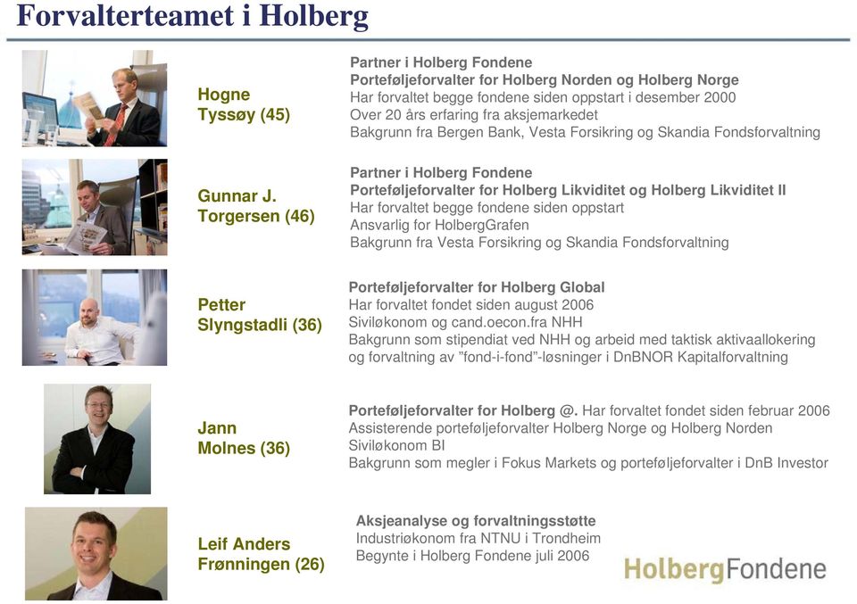 Bakgrunn fra Bergen Bank, Vesta Forsikring og Skandia Fondsforvaltning Partner i Holberg Fondene Porteføljeforvalter for Holberg Likviditet og Holberg Likviditet II Har forvaltet begge fondene siden