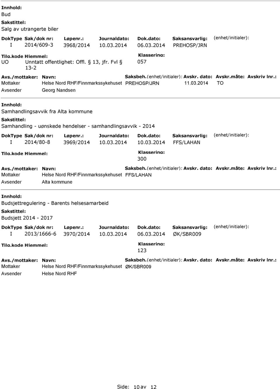 2014 TO Avsender Georg Nandsen nnhold: 2014/80-8 3969/2014 Mottaker Helse Nord RHF/Finnmarkssykehuset nnhold: