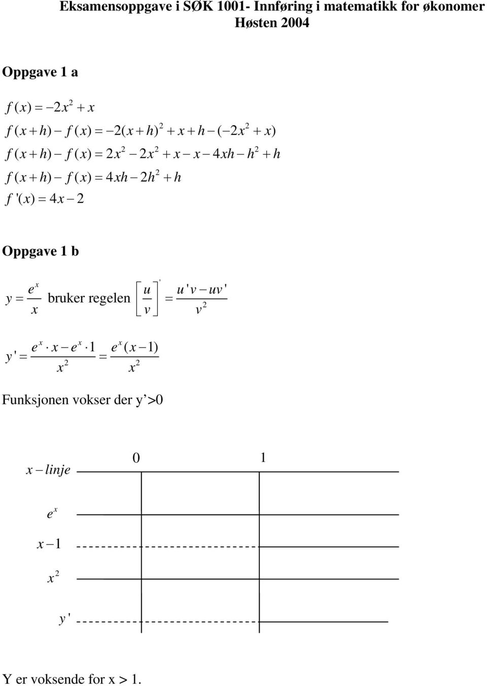 ) ( ) = 4 + f h f h h h f '( ) = 4 Oppgave b e y = bruker regelen ' u u' v uv' = v