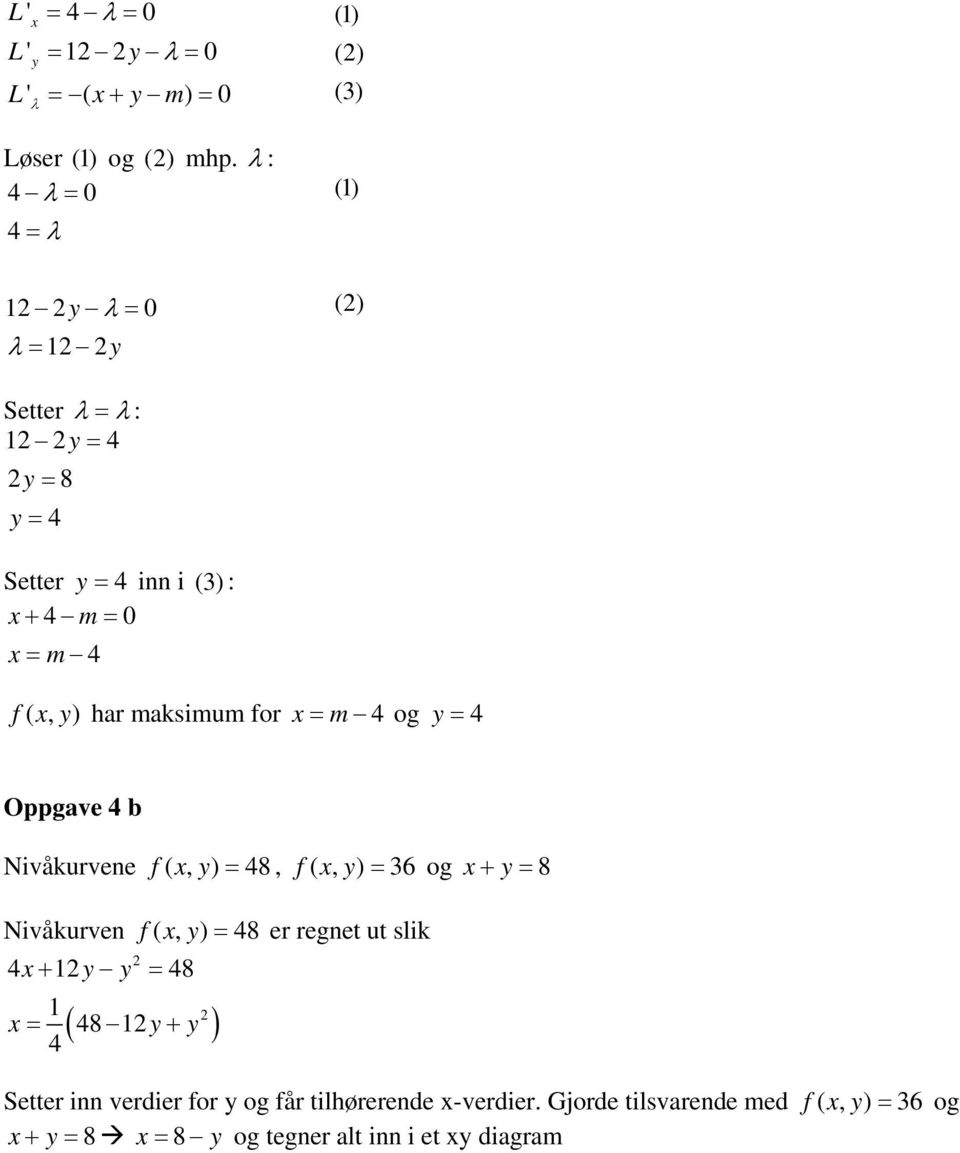 y, ) har maksimum for = m 4 og y = 4 Oppgave 4 b Nivåkurvene f(, y ) = 48, f(, y ) = 36 og + y = 8 Nivåkurven f(, y ) = 48 4+