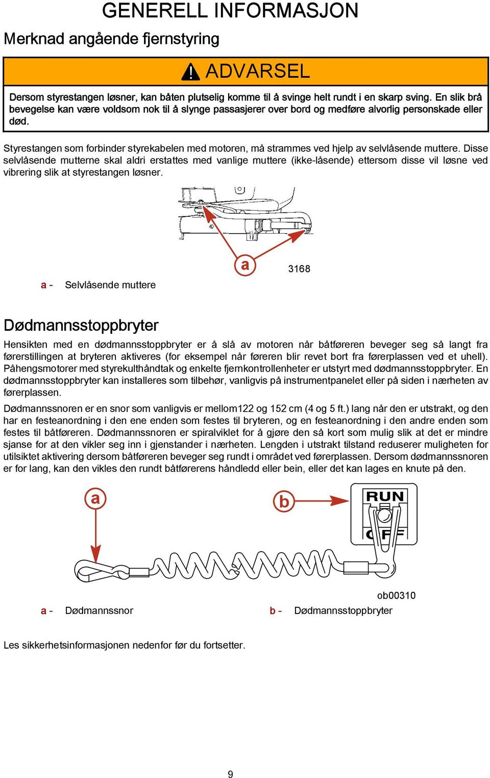 Styrestangen som forbinder styrekabelen med motoren, må strammes ved hjelp av selvlåsende muttere.