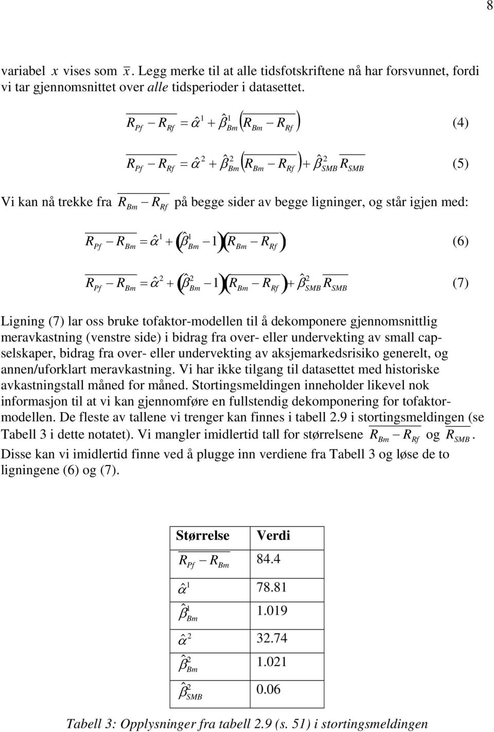 Bm = ˆ α 1 + ( ˆ β 1 Bm 1)R Bm R Rf R Pf R Bm = ˆ α 2 + ( ˆ β 2 Bm 1)R ( Bm R Rf )+ ˆ ( ) (6) 2 β SMB R SMB (7) Ligning (7) lar oss bruke tofaktor-modellen til å dekomponere gjennomsnittlig