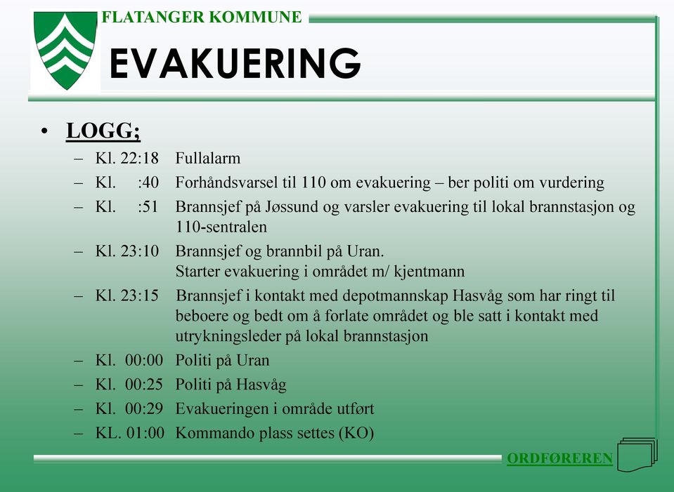 Starter evakuering i området m/ kjentmann Kl.