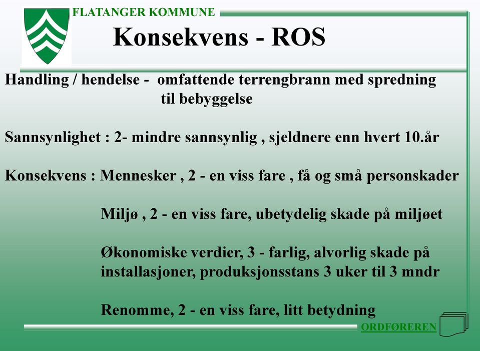 år Konsekvens : Mennesker, 2 - en viss fare, få og små personskader Miljø, 2 - en viss fare, ubetydelig