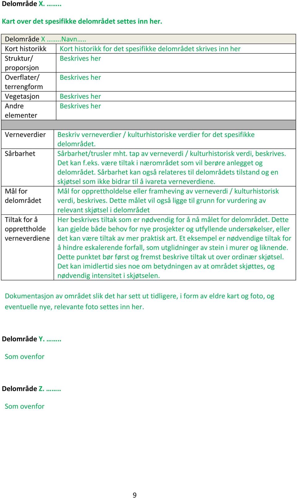 elementer Verneverdier Sårbarhet Mål for delområdet Tiltak for å opprettholde verneverdiene Beskriv verneverdier / kulturhistoriske verdier for det spesifikke delområdet. Sårbarhet/trusler mht.