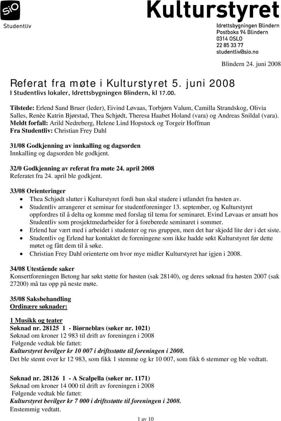 (vara). Meldt forfall: Arild Nedreberg, Helene Lind Hopstock og Torgeir Hoffman Fra Studentliv: Christian Frey Dahl 31/08 Godkjenning av innkalling og dagsorden Innkalling og dagsorden ble godkjent.