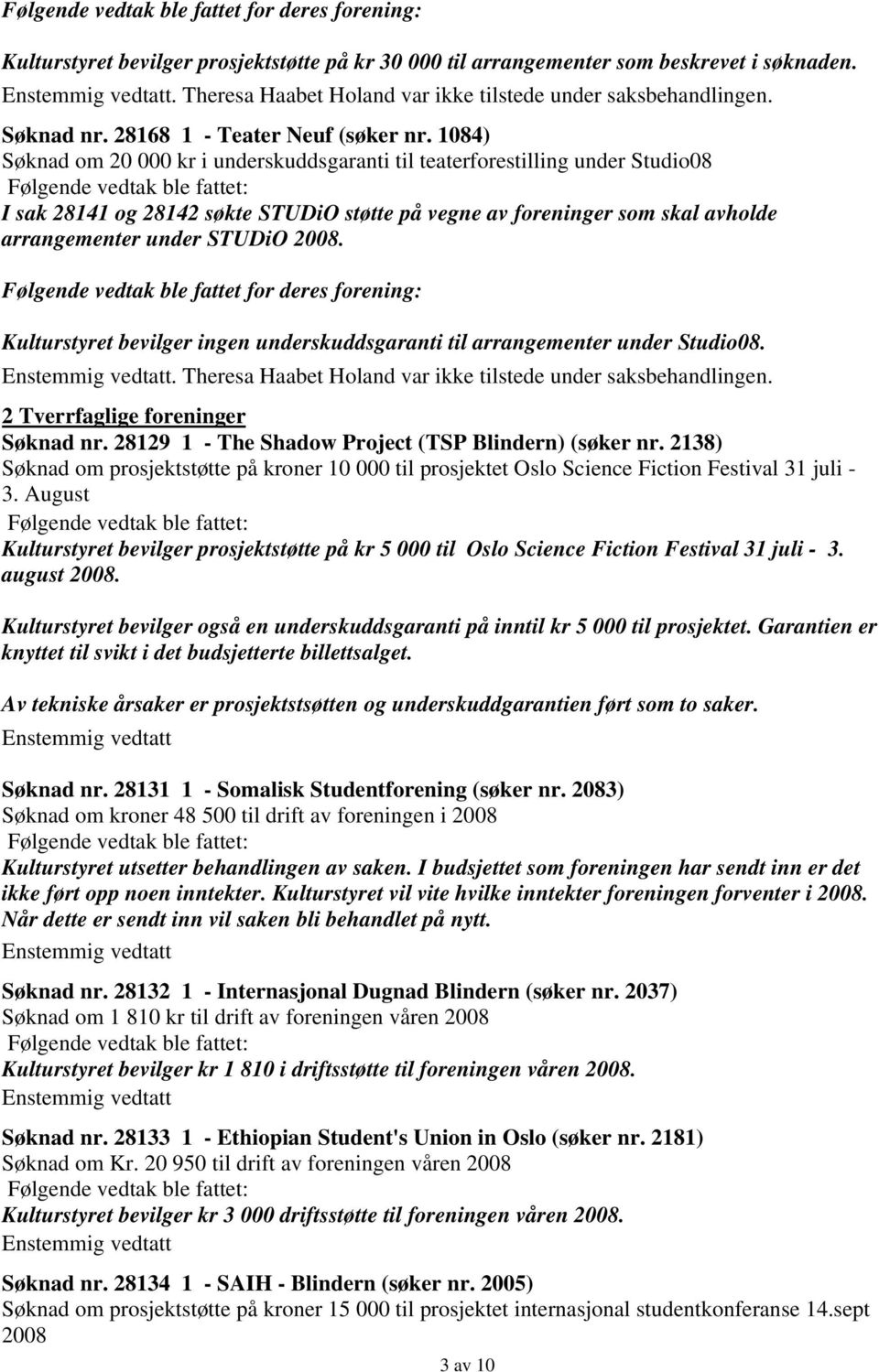 . Theresa Haabet Holand var ikke tilstede under saksbehandlingen. 2 Tverrfaglige foreninger Søknad nr. 28129 1 - The Shadow Project (TSP Blindern) (søker nr.