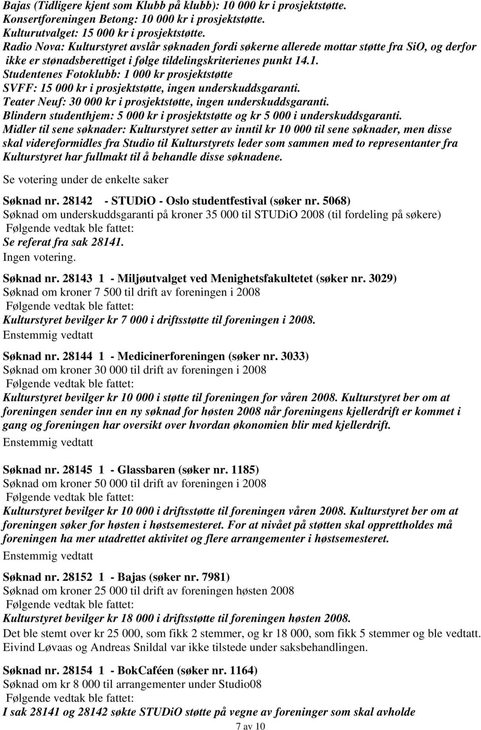 .1. Studentenes Fotoklubb: 1 000 kr prosjektstøtte SVFF: 15 000 kr i prosjektstøtte, ingen underskuddsgaranti. Teater Neuf: 30 000 kr i prosjektstøtte, ingen underskuddsgaranti.