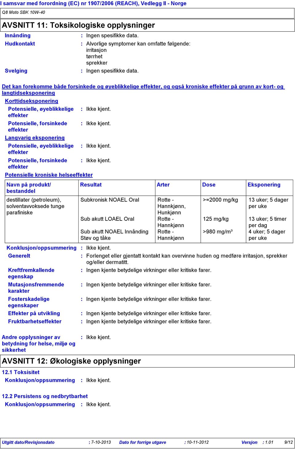 Det kan forekomme både forsinkede og øyeblikkelige effekter, og også kroniske effekter på grunn av kort og langtidseksponering Korttidseksponering Potensielle, øyeblikkelige effekter Potensielle,