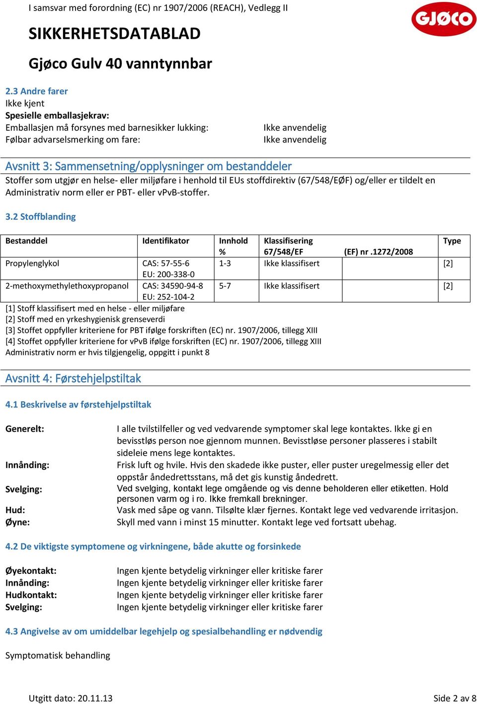 2 Stoffblanding Bestanddel Identifikator Innhold Klassifisering Type % 67/548/EF (EF) nr.